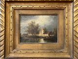 an oil painting of a river scene with a house in the distance