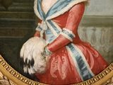 portrait of a woman in a red dress with a white and blue sash