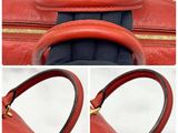 a collage of photos of a red handbag with a zipper