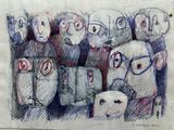 drawing of a group of people standing in a line with a dog