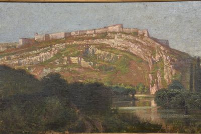 painting of a view of a castle on a hill with a river below