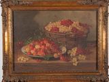 tableau représentant des fraises et des cerises dans un panier posé sur une table