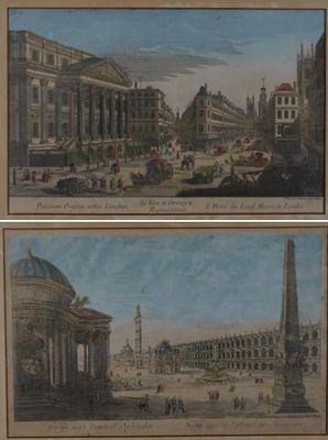 deux photos d'un tableau représentant une vue de ville avec une tour horloge en arrière-plan