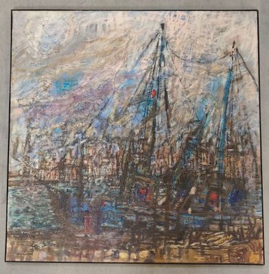 une peinture à l'huile d'une scène portuaire avec des bateaux dans l'eau