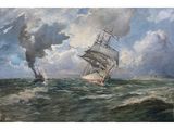une image représentant un tableau où l'on voit un navire en mer d'où s'échappe de la fumée