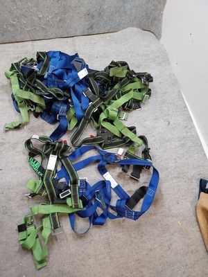 un tas de laisses bleues et vertes par terre
