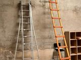 two ladders that are leaning against a wall