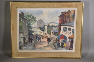 peinture d'une scène de rue avec des personnes marchant dans la rue