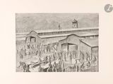 an old drawing of a group of men working in a factory