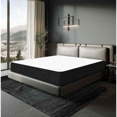 an image of a bedroom with a bed and a large window