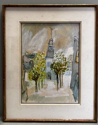 a painting of a clock tower in the background