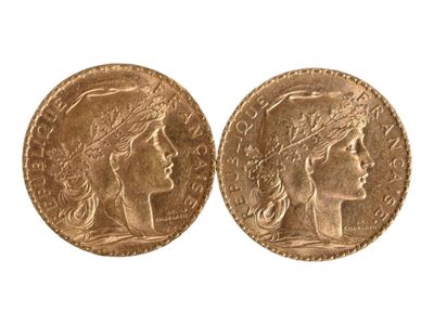 Deux pièces de vingt francs or au coq, 1902 et 1903. Usures. - Photo 1