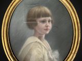 a painting of a young girl in a white dress and a gold frame