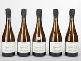 six bouteilles de vin sont alignées sur une surface blanche