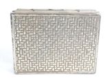 silver metal box with a woven design on the front of it