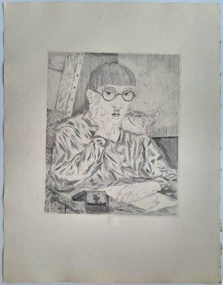 a drawing of a man with glasses sitting at a table