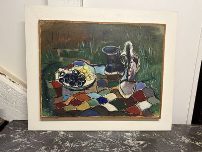 une photo d'un tableau représentant un bol de nourriture posé sur une table