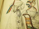 an old book with a drawing of a woman in a white dress and a woman in a white dress