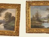 deux tableaux représentant une rivière avec un bateau et un homme dans un bateau sur l'eau