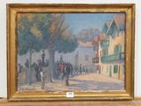 a painting of a street scene with people walking down the street
