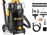 a black and yellow vacuum cleaner with tools on a white background