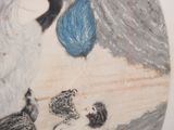 a drawing of a woman and two birds in a field