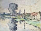 peinture représentant un paysage avec une rivière et une maison au loin