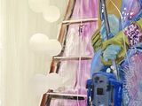 a painting of a woman in a blue dress holding a ski pole