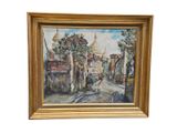 une peinture à l'huile représentant une scène de rue, dans un cadre doré