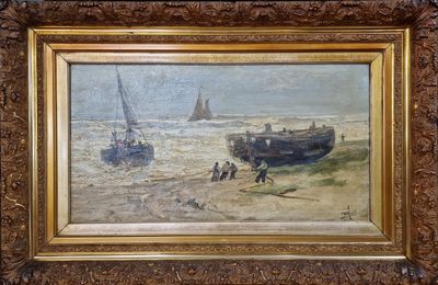une peinture à l'huile représentant un bateau sur la plage, avec des personnes à proximité