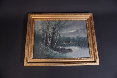 painting on the wall of a room with a painting of a river in the foreground
