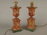 pair of red and green marbled lamps with gold lampshads