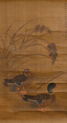 a painting of two ducks in a pond of water
