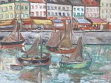 many boats that are in the water in this painting