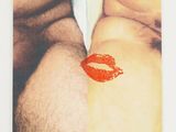 two pictures of a man and a woman with red lipstick on them