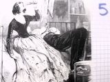 un dessin représentant un homme et une femme assis sur un lit