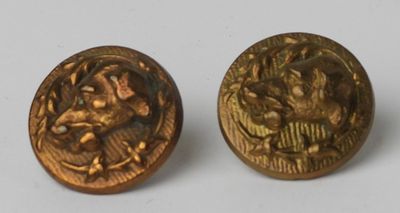 two gold buttons with a picture of a man and a woman on them