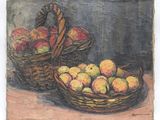 tableau représentant un panier de pommes et un panier de pommes posé sur une table