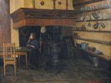 a painting of a woman sitting at a table in a kitchen