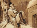 une image représentant un tableau où l'on voit un homme assis sous un arbre dans la neige