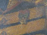 a painting of a bird sitting on a piece of wood