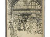 an image of a drawing of a crowd of people in a train station