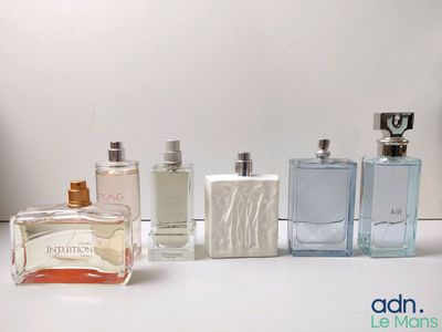 several bottles of perfume are lined up on a white surface