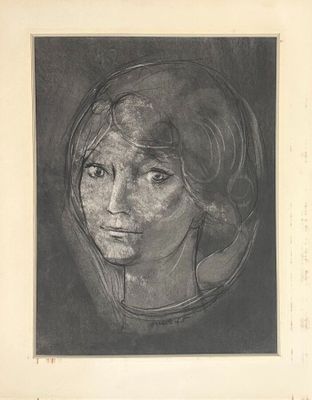 a black and white drawing of a woman ' s face