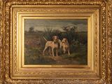 une peinture à l'huile représentant deux chiens dans un champ, près d'un arbre