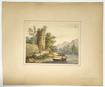 une vieille aquarelle représentant un bateau sur une rivière, avec un château en arrière-plan