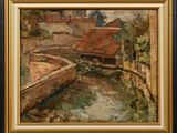 an oil painting of a river scene with a boat in the water