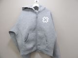 grey zip up hoodie with white numbers on the front