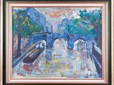 une peinture représentant une peinture d'un pont enjambant une rivière