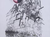 une image représentant le dessin d'un bâtiment avec une boule rouge au milieu